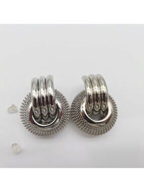 Silver-Tone Mesh Hoop Post Earrings With Backings For Women